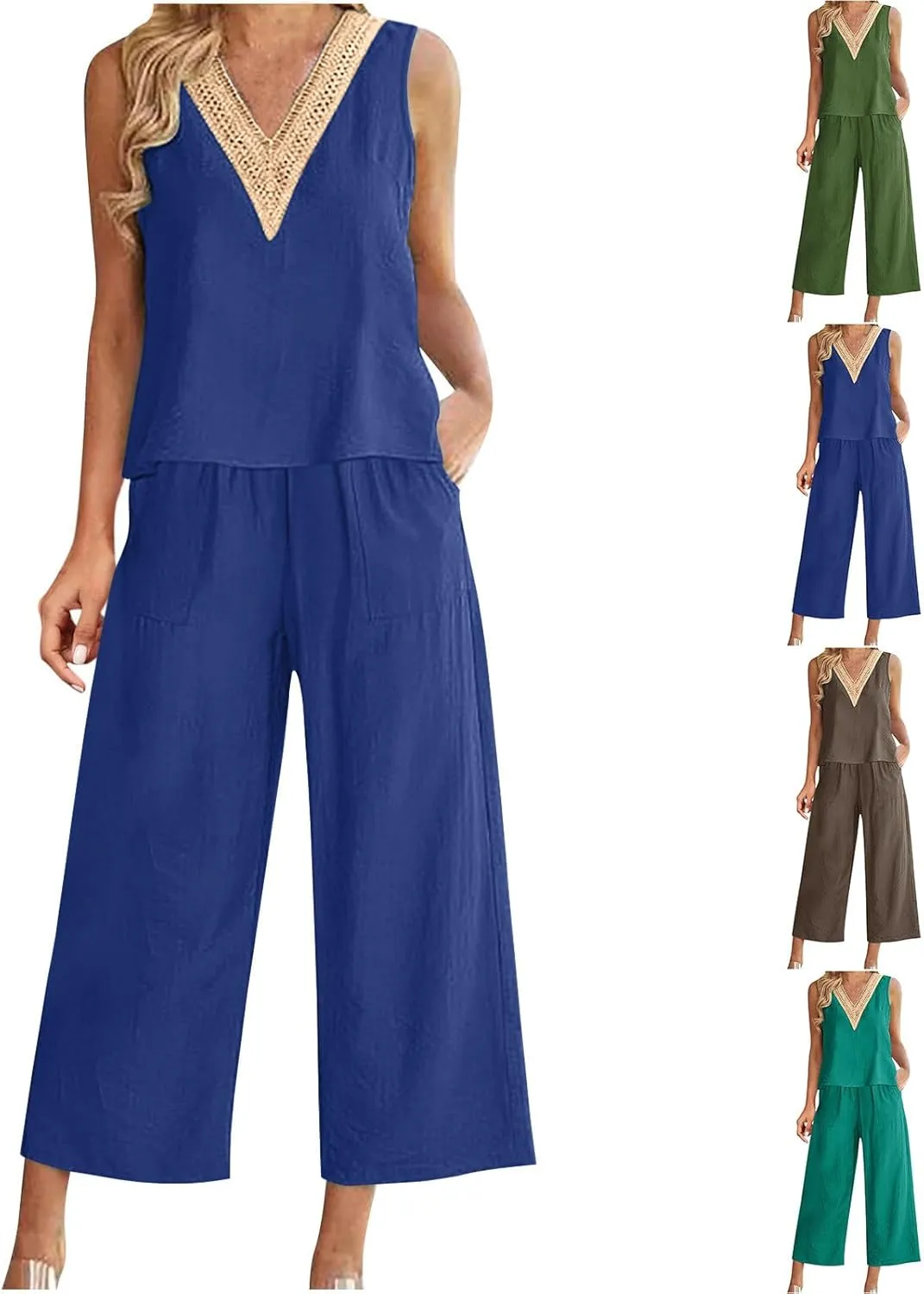 2 Piece Summer Sets For Women Cotton Linen Beach Vacation Outfits 2024 v Neck Crop Top Wide Leg Capri Pants Set