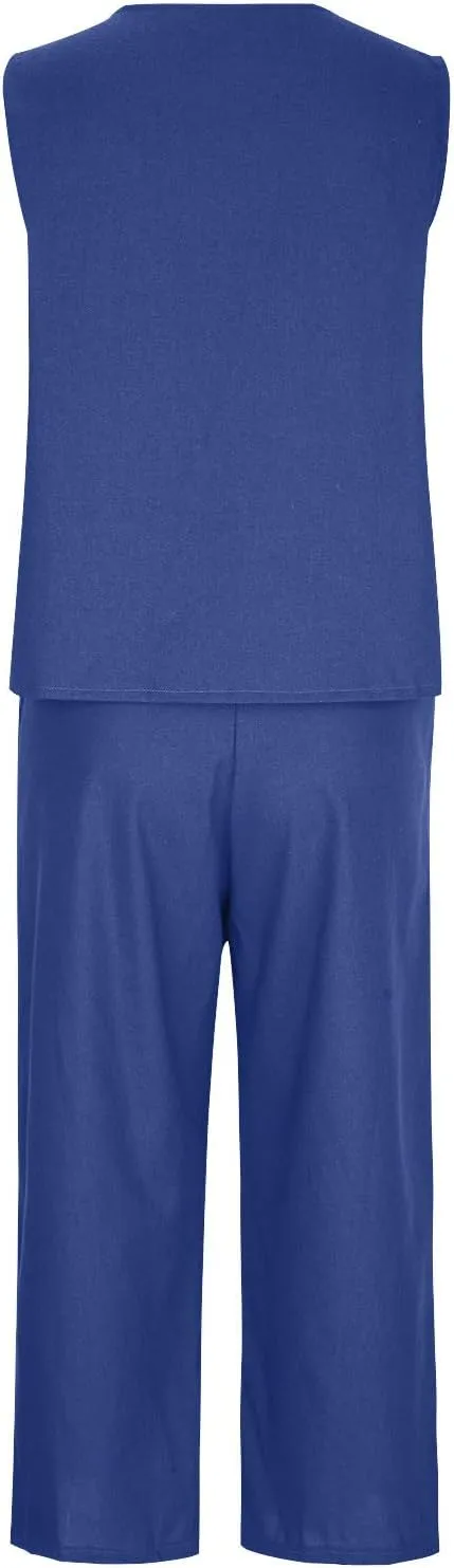 2 Piece Summer Sets For Women Cotton Linen Beach Vacation Outfits 2024 v Neck Crop Top Wide Leg Capri Pants Set
