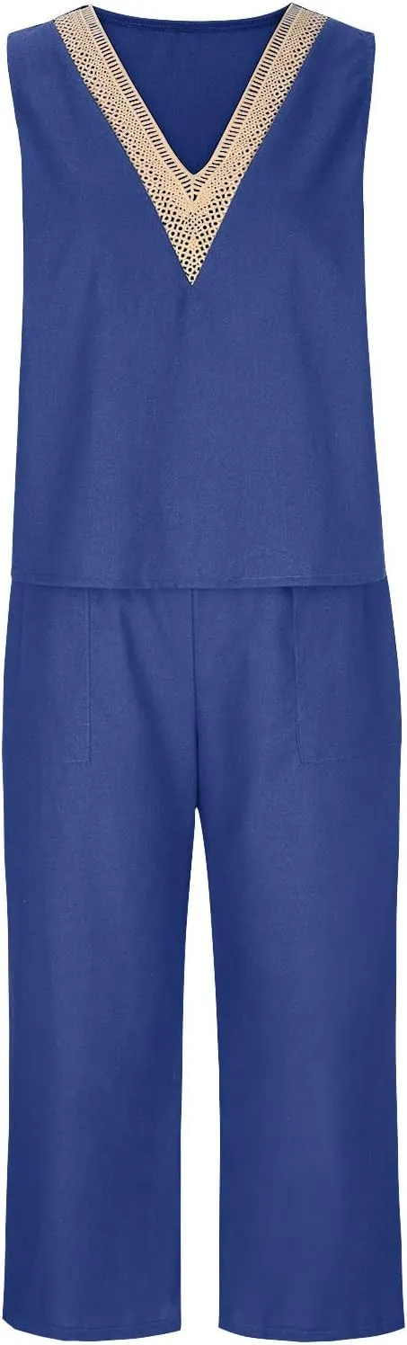 2 Piece Summer Sets For Women Cotton Linen Beach Vacation Outfits 2024 v Neck Crop Top Wide Leg Capri Pants Set