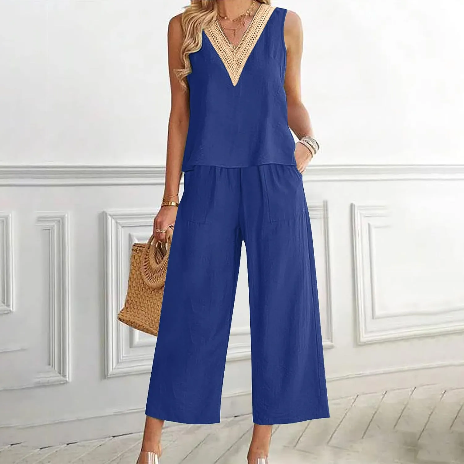 2 Piece Summer Sets For Women Cotton Linen Beach Vacation Outfits 2024 v Neck Crop Top Wide Leg Capri Pants Set