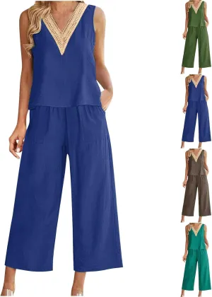 2 Piece Summer Sets For Women Cotton Linen Beach Vacation Outfits 2024 v Neck Crop Top Wide Leg Capri Pants Set