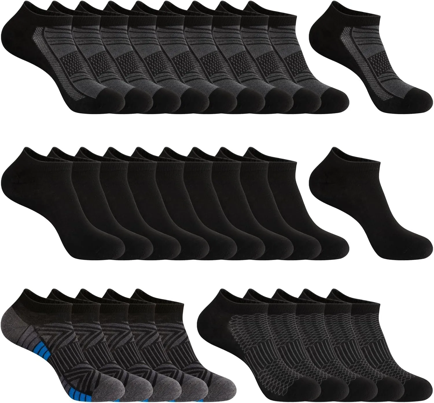 30 Pairs 4 Styles Low Cut Ankle Socks for Men – Breathable Thin Socks Bulk Pack, Fits Shoe Size 8-12