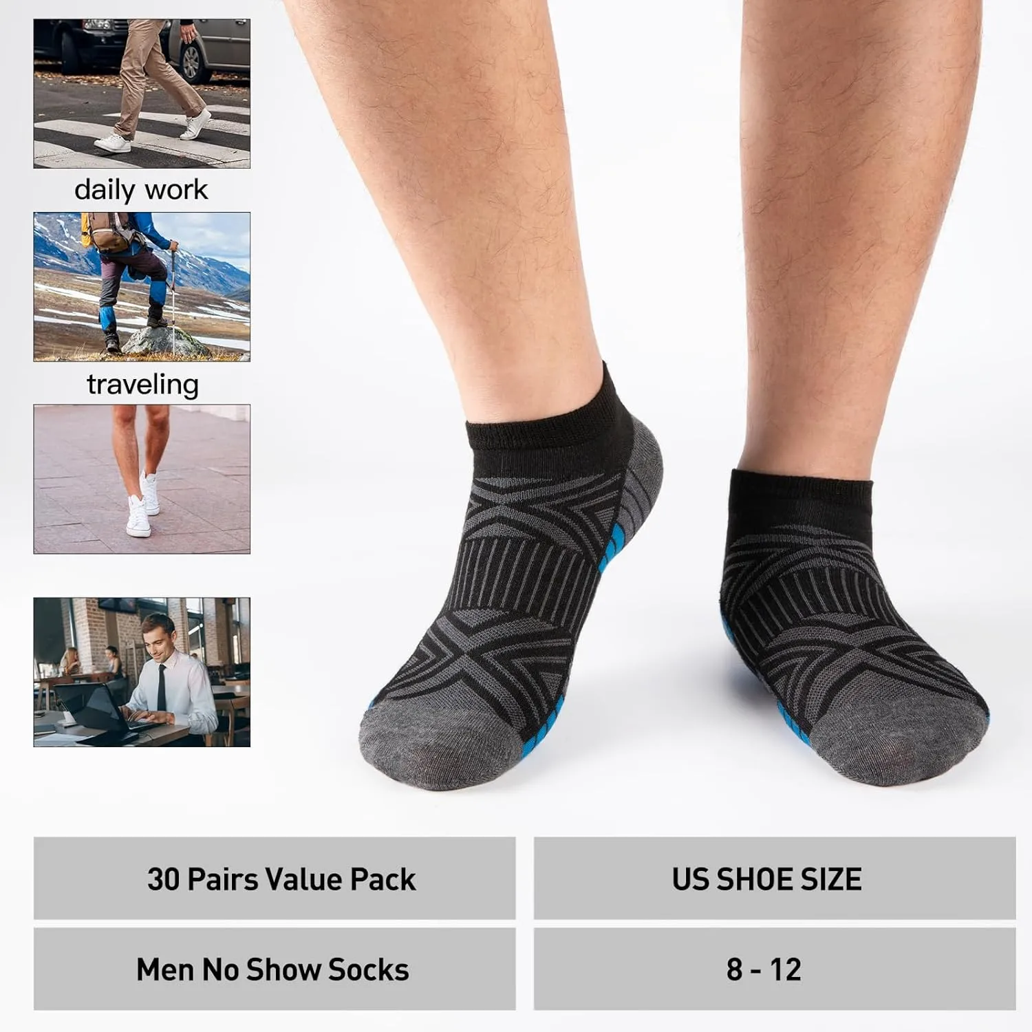 30 Pairs 4 Styles Low Cut Ankle Socks for Men – Breathable Thin Socks Bulk Pack, Fits Shoe Size 8-12