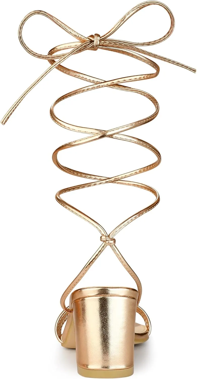 Allegra K Women's Sparkle Strappy Lace Up Block Heels Sandals
