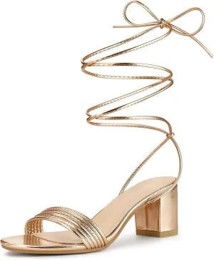 Allegra K Women's Sparkle Strappy Lace Up Block Heels Sandals