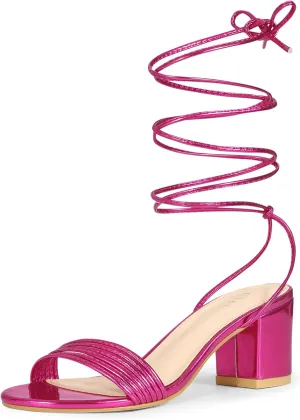 Allegra K Women's Sparkle Strappy Lace Up Block Heels Sandals