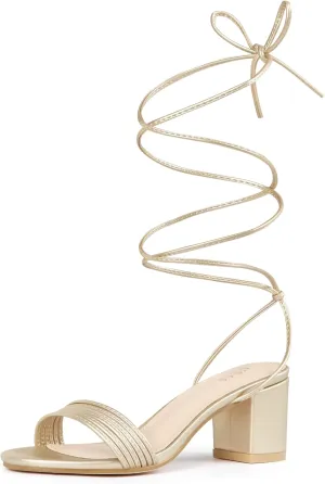 Allegra K Women's Sparkle Strappy Lace Up Block Heels Sandals