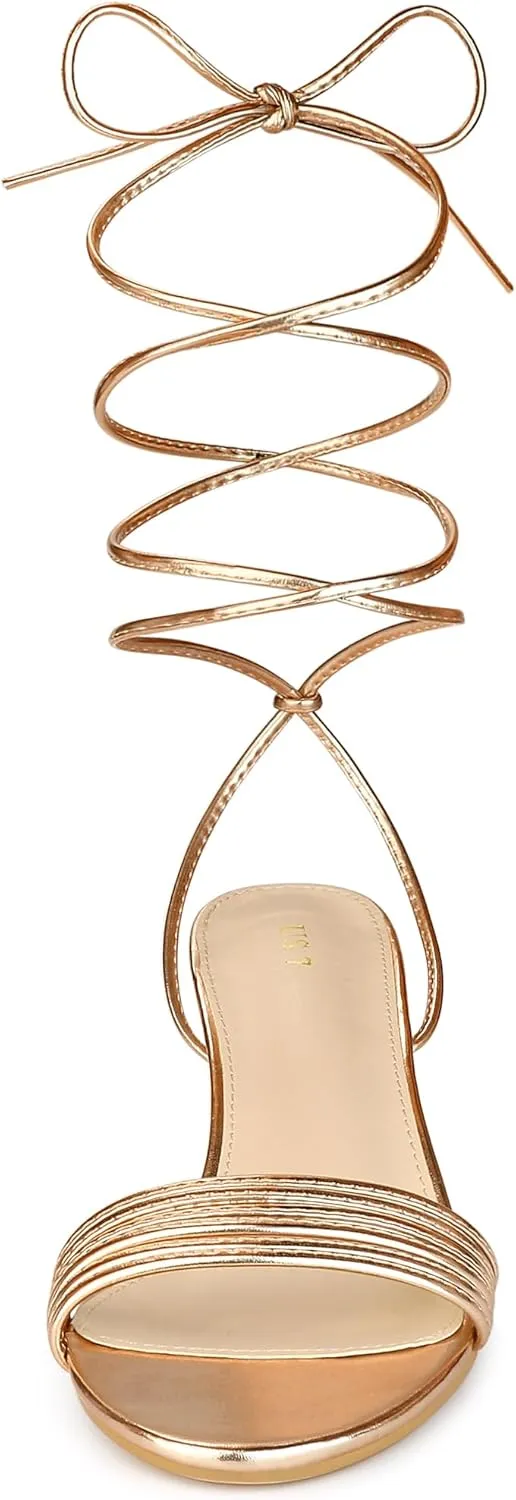 Allegra K Women's Sparkle Strappy Lace Up Block Heels Sandals