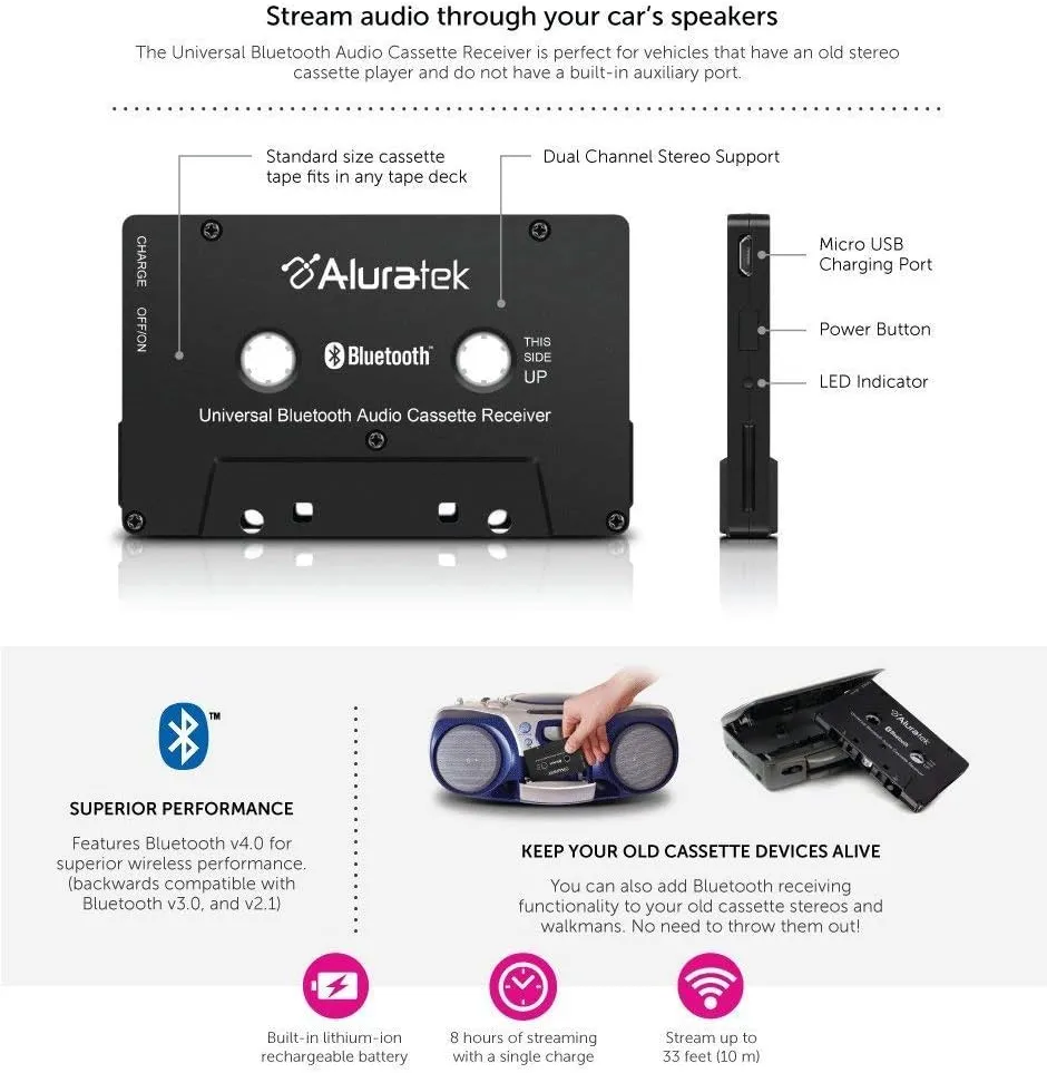 Aluratek Universal Bluetooth Audio Cassette Receiver, Built-in Rechargeable Battery, Up to 8 Hours Playtime, Audio Receiving up to 33 Feet, ABCT01F