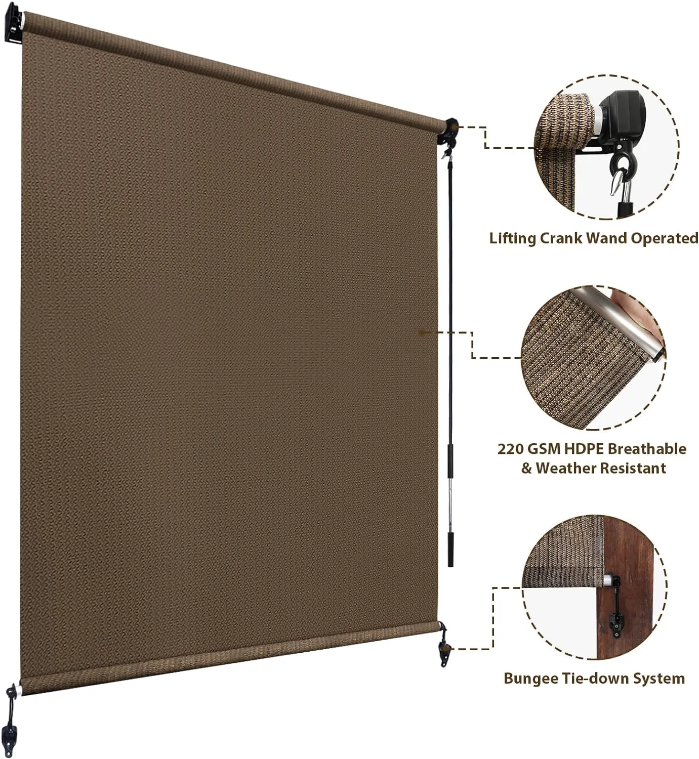 Amagenix Outdoor Roller Shades, 220GSM HDPE Exterior Cordless Patio Shades Roll Up Outdoor Blinds for Porch Gazebo 8'(W) x 8'(H), Spliced of Two Sections, Mocha
