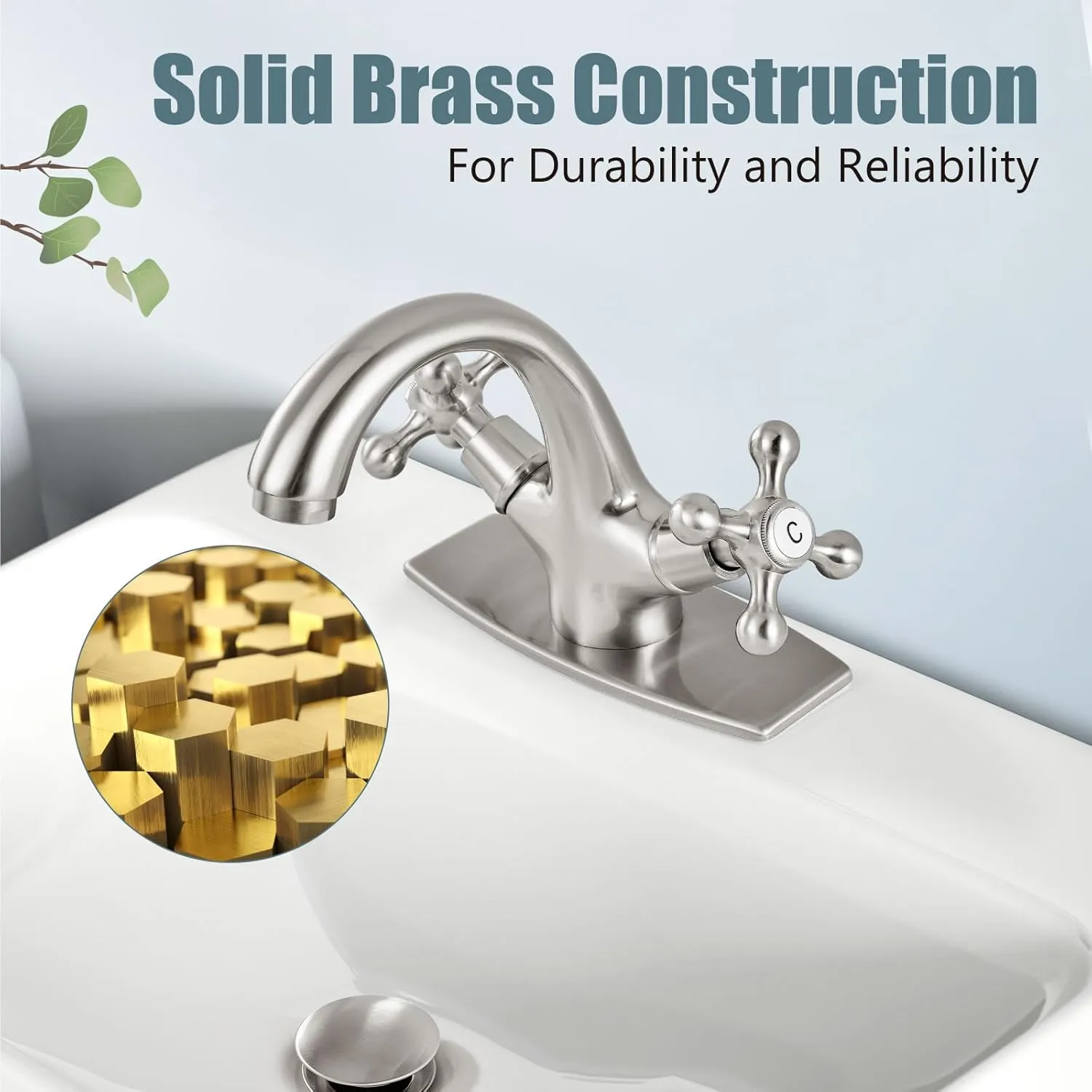 Aolemi Bathroom Sink Faucet Single Hole Cold and Hot Double Handle Cross Knobs Vanity Vessel Sink Basin Mixer Tap with Deck Cover Plate with Pop Up Drain Brushed Nickel