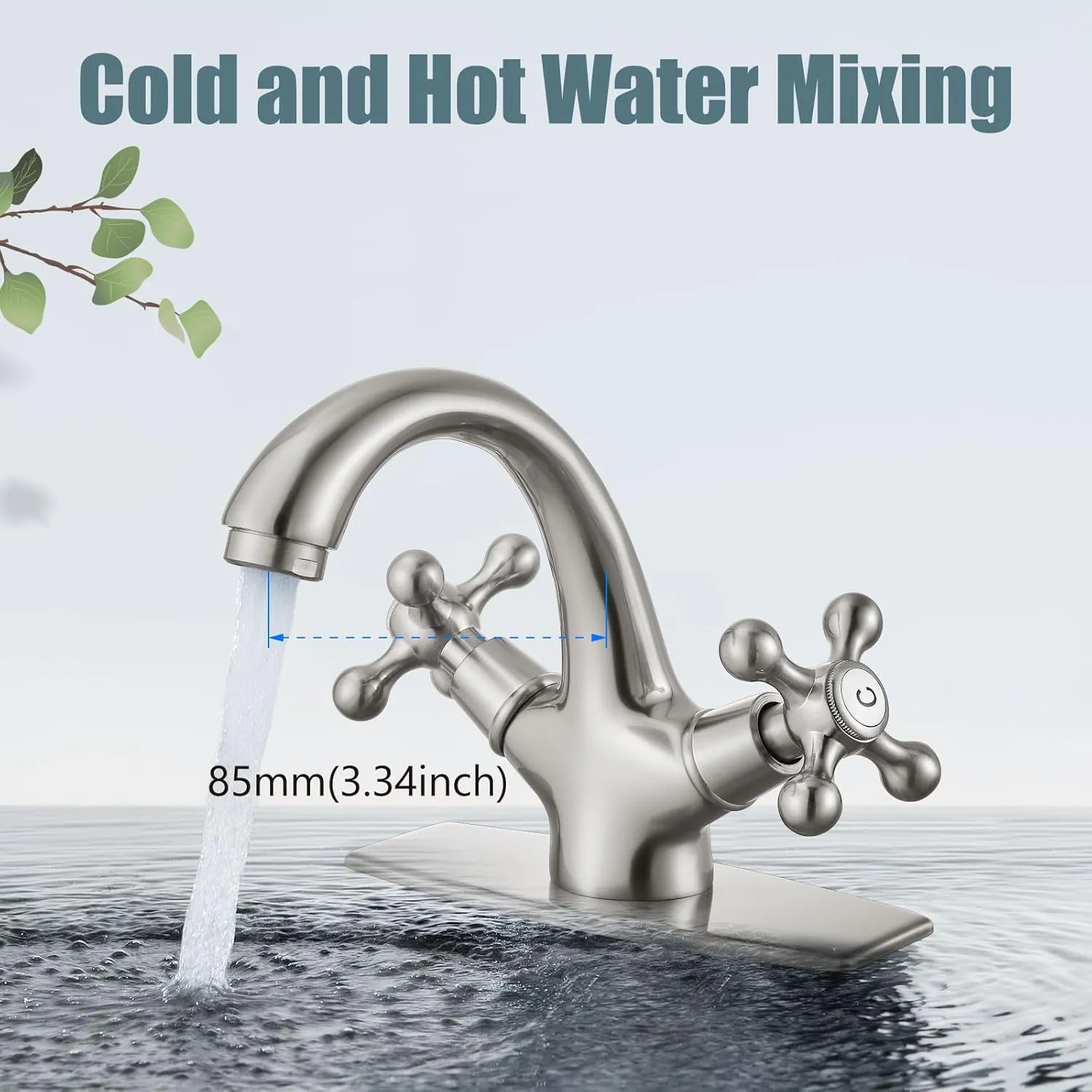Aolemi Bathroom Sink Faucet Single Hole Cold and Hot Double Handle Cross Knobs Vanity Vessel Sink Basin Mixer Tap with Deck Cover Plate with Pop Up Drain Brushed Nickel