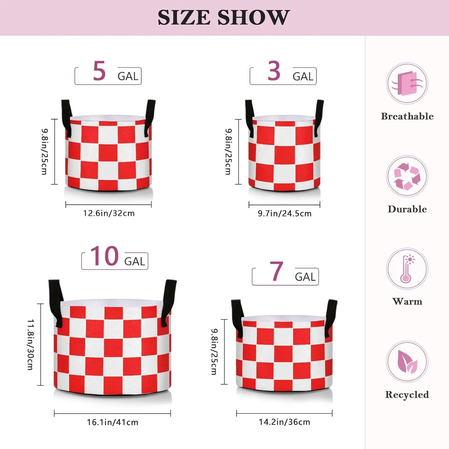 Augenstern Planters Pot with Handles Classic-red-White-Checkered Plant Grow Bag Movable Raised Garden Bed