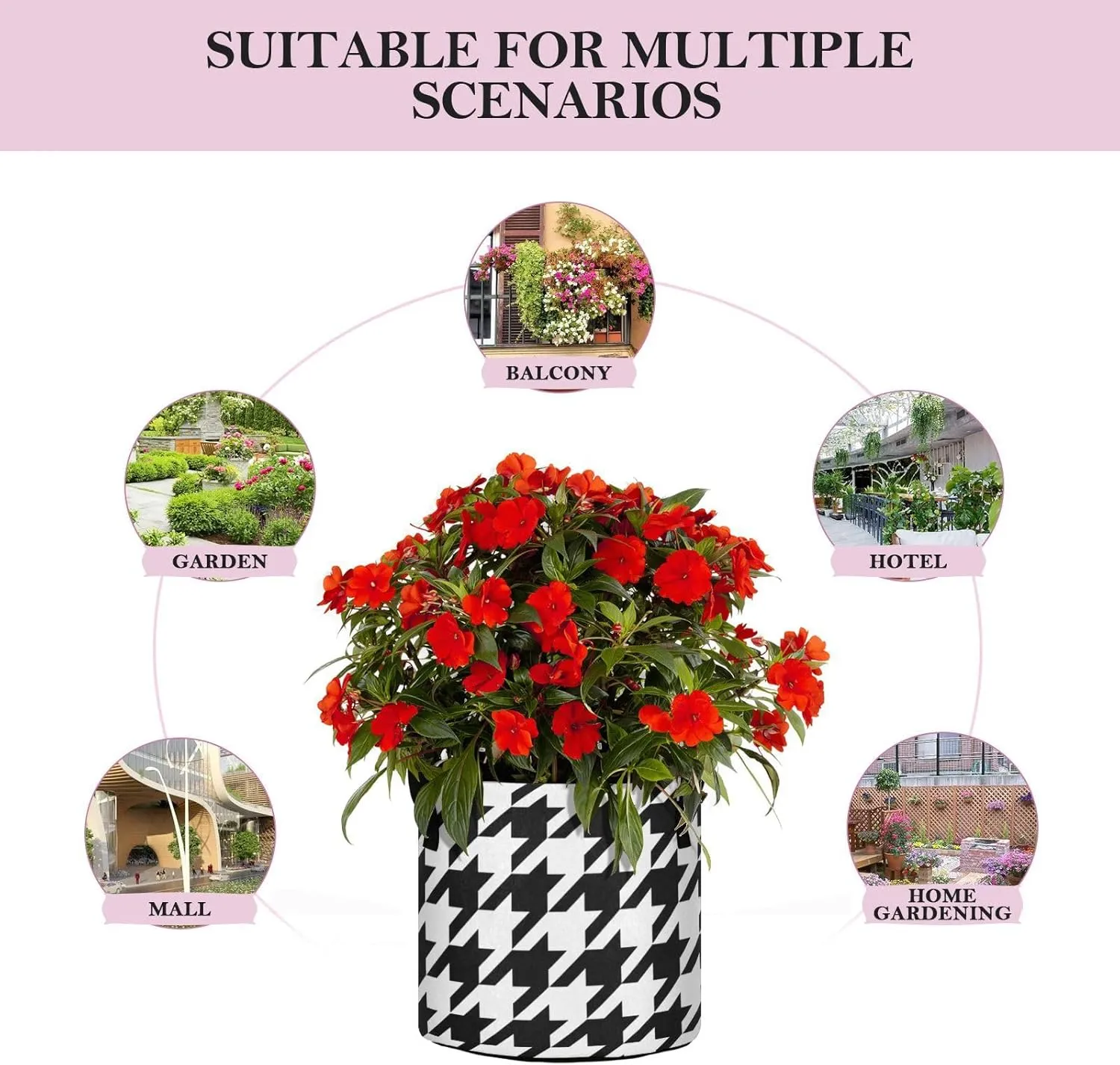 Augenstern Planters Pot with Handles Houndstooth-Tartan-Black-White Plant Grow Bag Movable Raised Garden Bed
