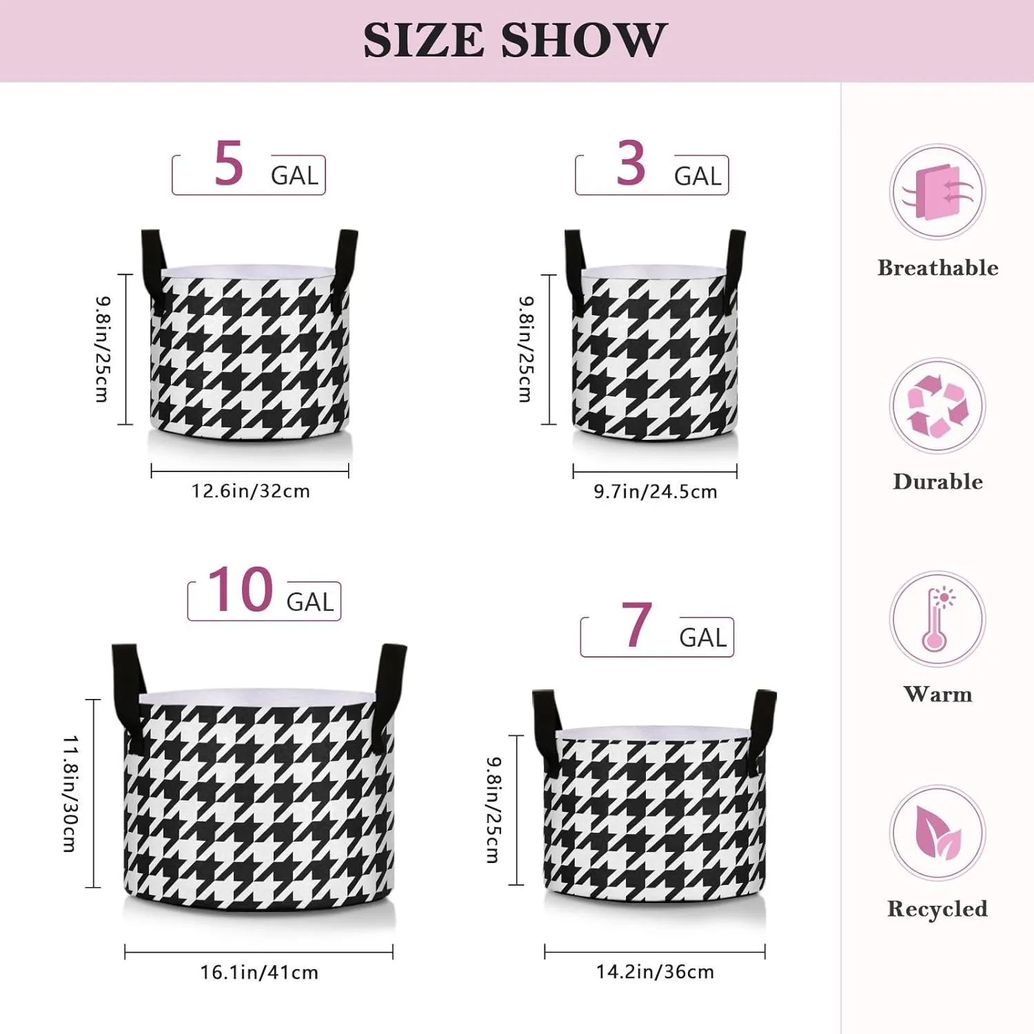 Augenstern Planters Pot with Handles Houndstooth-Tartan-Black-White Plant Grow Bag Movable Raised Garden Bed