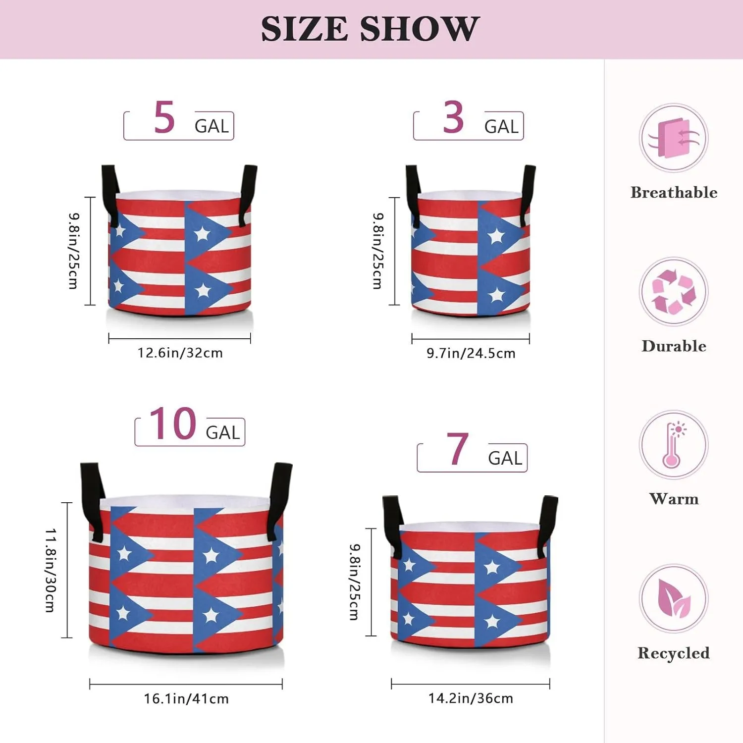 Augenstern Planters Pot with Handles Puerto-rico-Flag Plant Grow Bag Movable Raised Garden Bed
