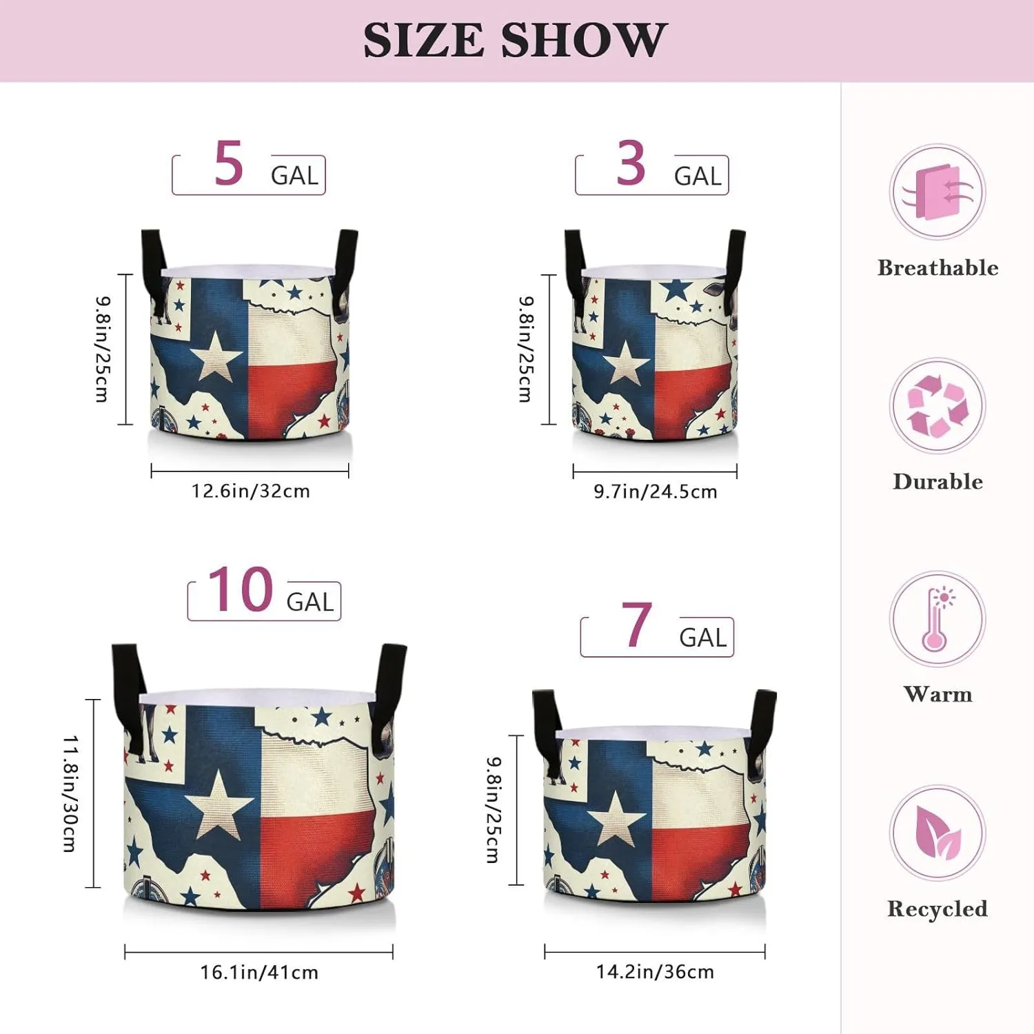 Augenstern Planters Pot with Handles Texas-The-Long-Star-Flag Plant Grow Bag Movable Raised Garden Bed