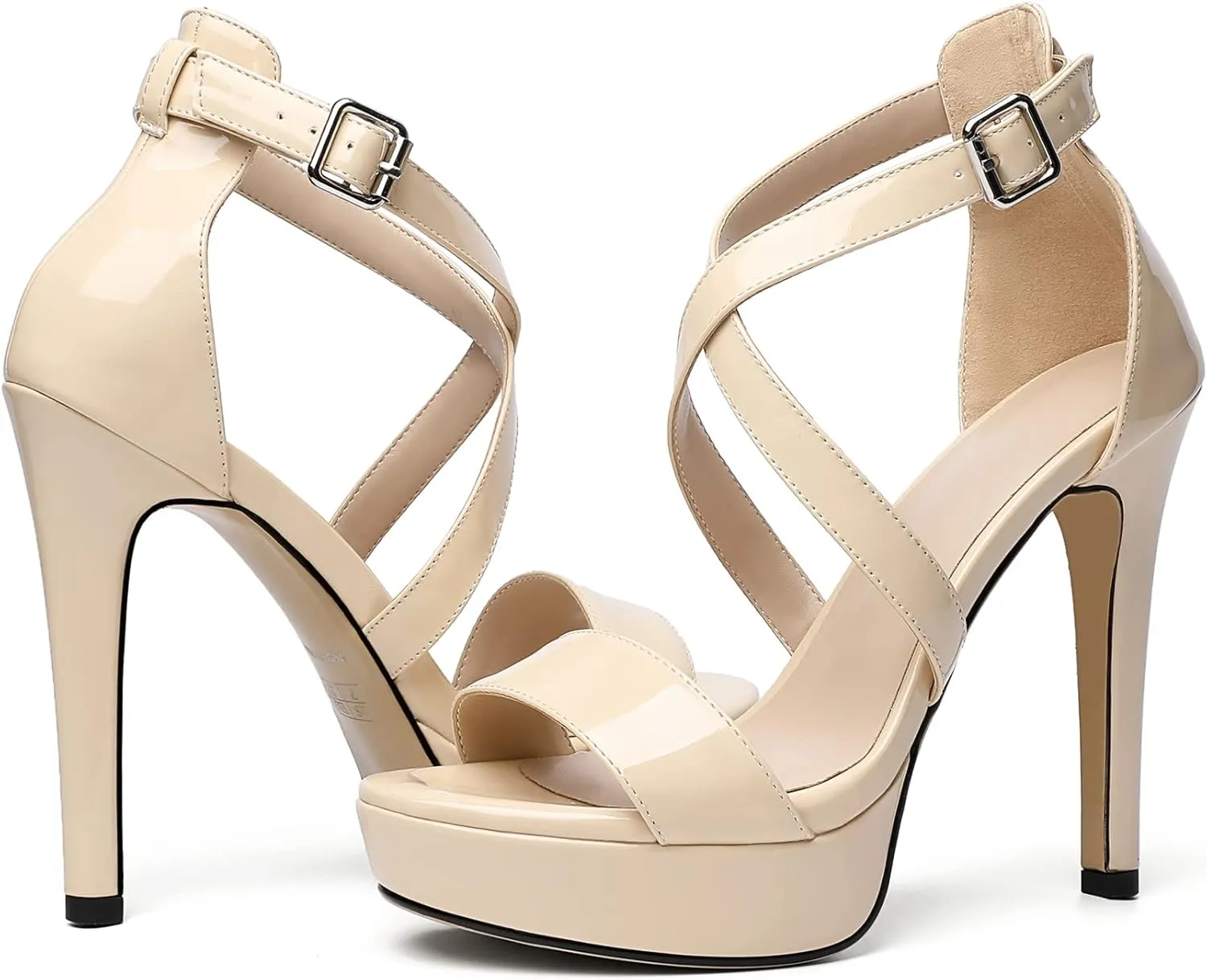 AUMOTED Women Cross Strappy Peep Open Toe Sandals Platform Ankle-Strap Stiletto High Heel Dress Shoes Wedding Patent 4.7 Inch Sandals