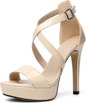 AUMOTED Women Cross Strappy Peep Open Toe Sandals Platform Ankle-Strap Stiletto High Heel Dress Shoes Wedding Patent 4.7 Inch Sandals