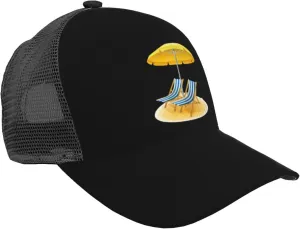 Beach Summer Resort with Deck Chairs and Umbrellas Baseball Cap for Men Women Adjustable Breathable Mesh Back Cap Adult Unisex Trucker Hats