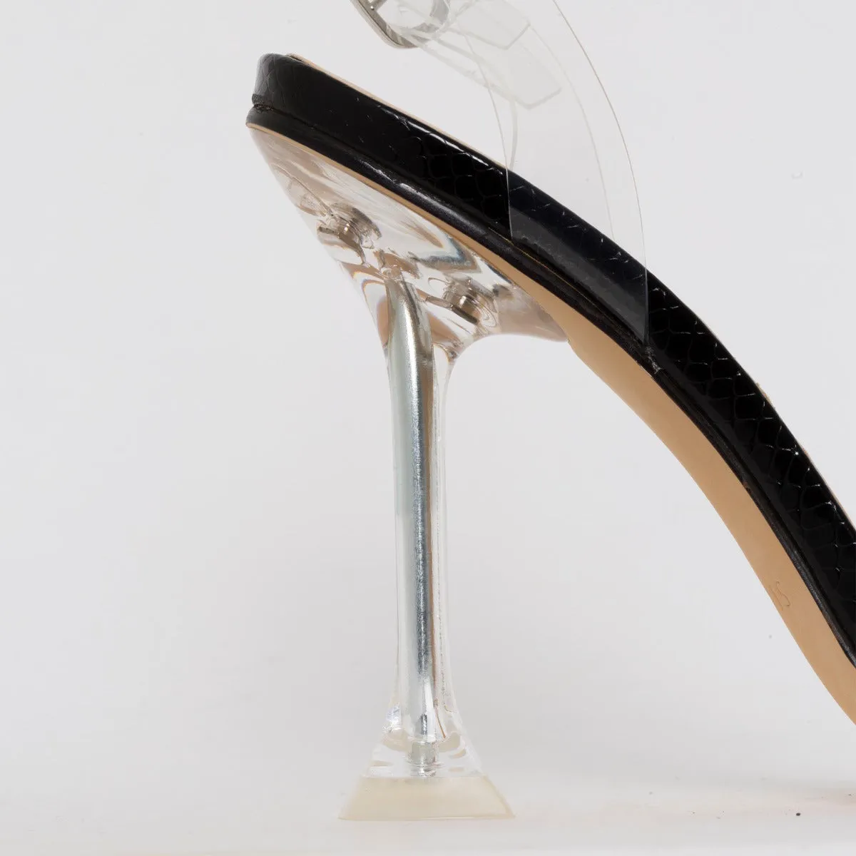 Belle Black Patent Snake Print Clear Slingback Mule Heels