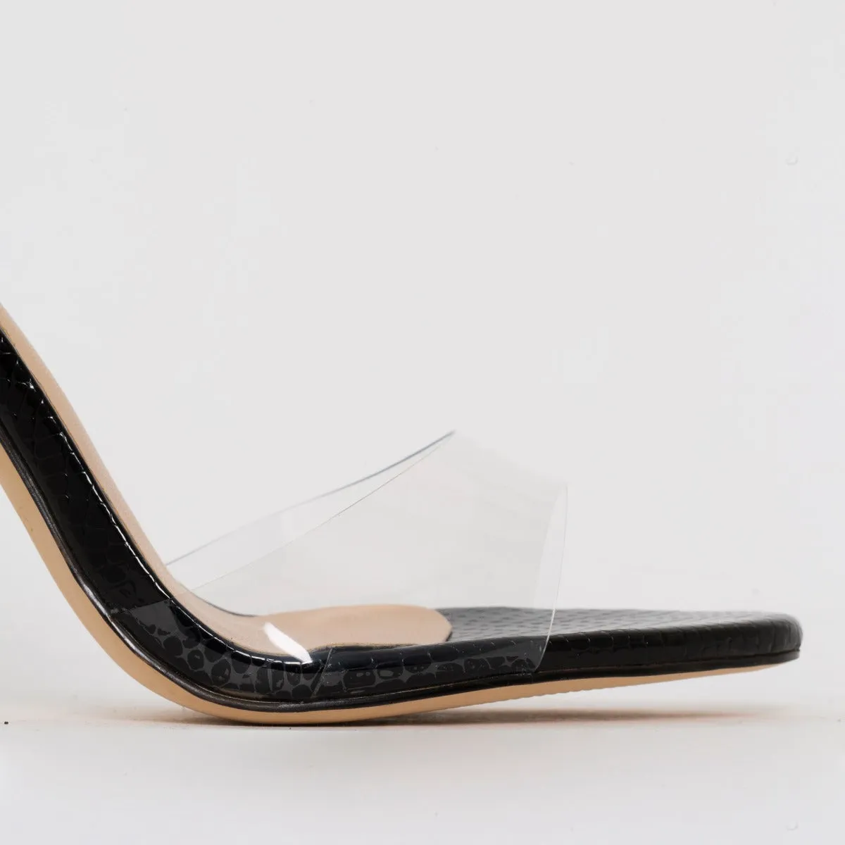 Belle Black Patent Snake Print Clear Slingback Mule Heels