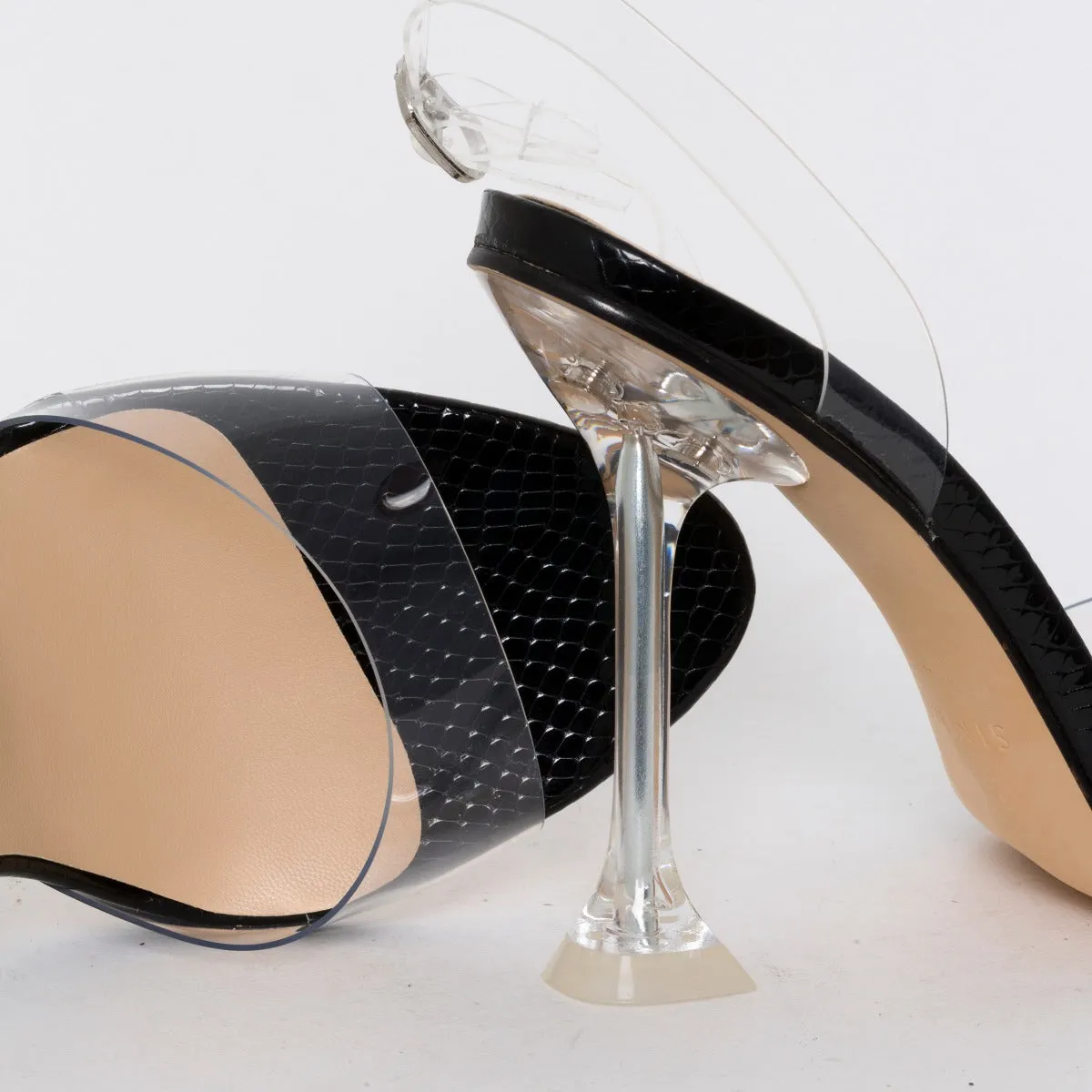Belle Black Patent Snake Print Clear Slingback Mule Heels