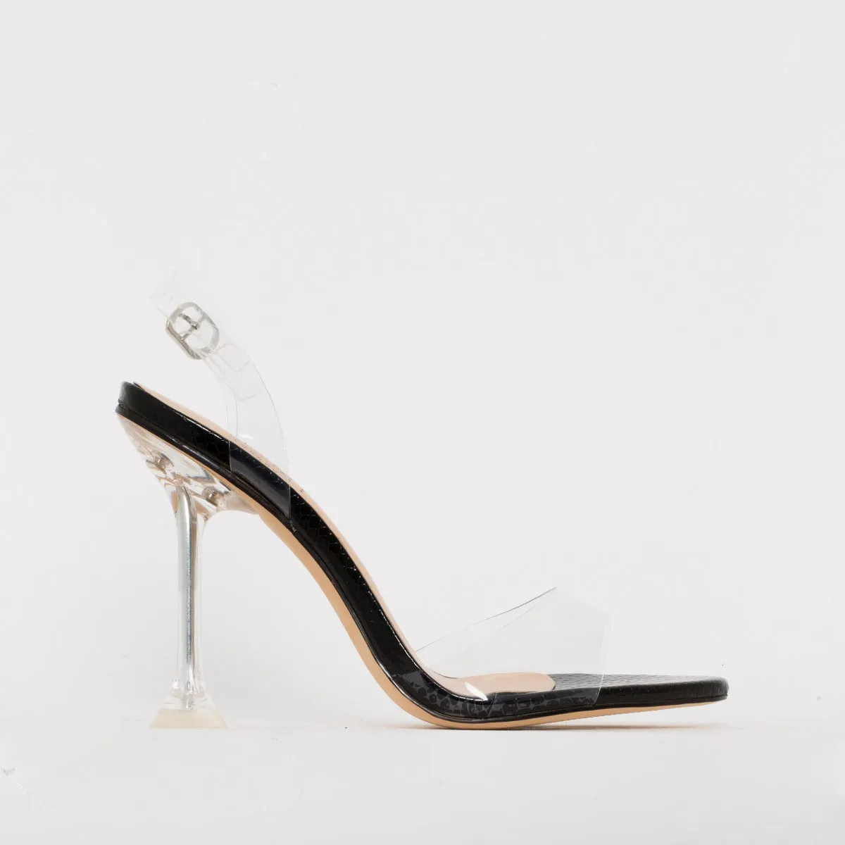 Belle Black Patent Snake Print Clear Slingback Mule Heels