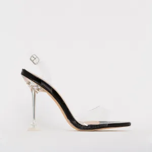 Belle Black Patent Snake Print Clear Slingback Mule Heels