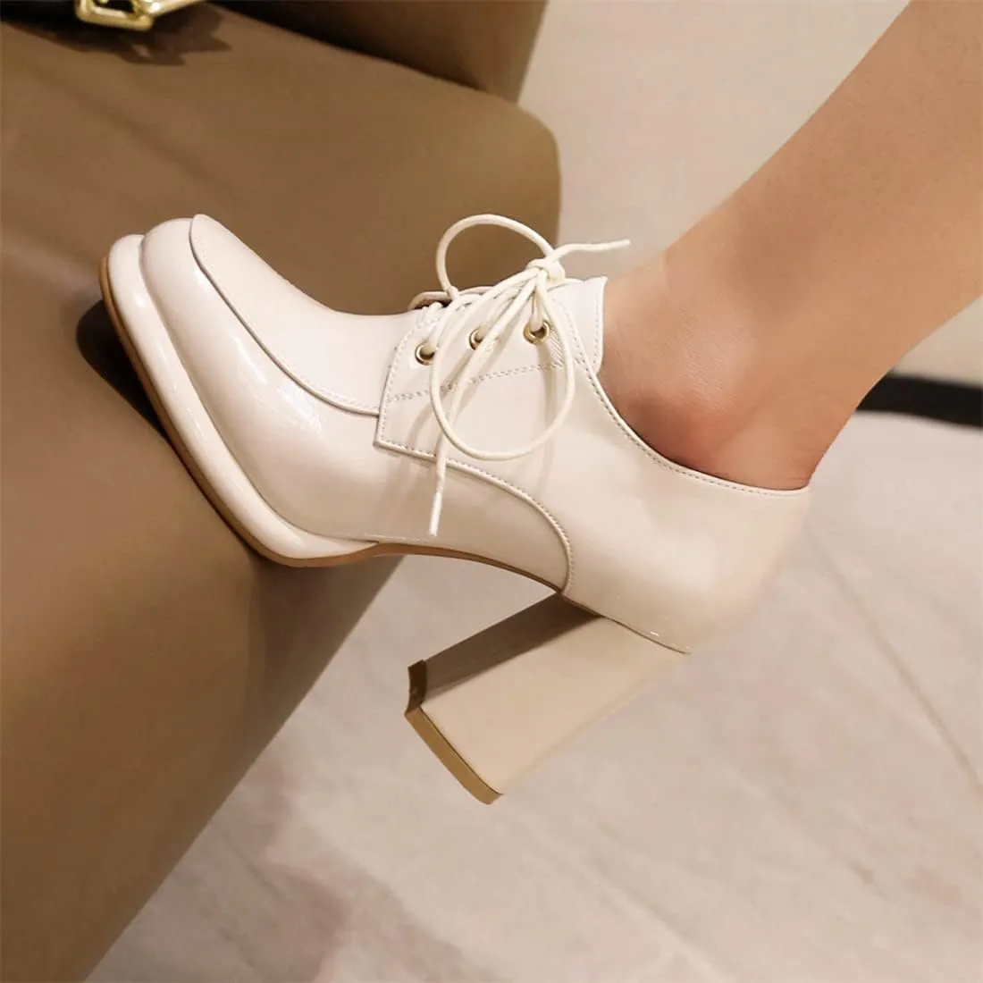 Betastella Women's Chunky Patent Leather Oxfords Platform High Heels Lace Up Pumps