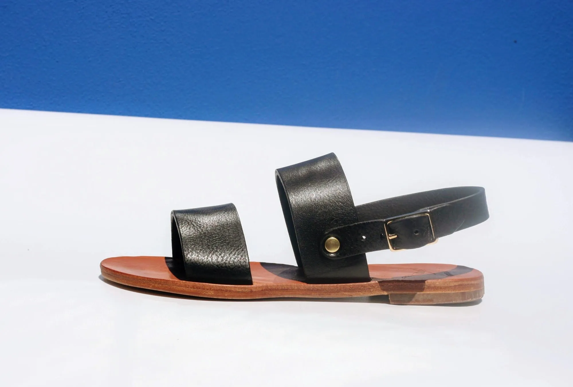 Black - Camel Sole - Slingback Two-Strap Sandals