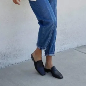 Black Leather Mules Square Toe Loafer Low Chunky Heel Backless Mule Sandals