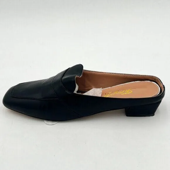 Black Leather Mules Square Toe Loafer Low Chunky Heel Backless Mule Sandals