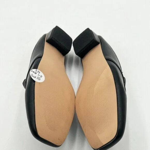 Black Leather Mules Square Toe Loafer Low Chunky Heel Backless Mule Sandals