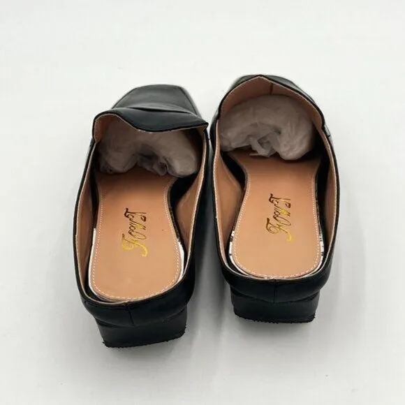 Black Leather Mules Square Toe Loafer Low Chunky Heel Backless Mule Sandals