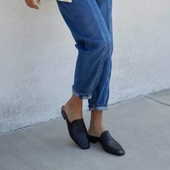 Black Leather Mules Square Toe Loafer Low Chunky Heel Backless Mule Sandals