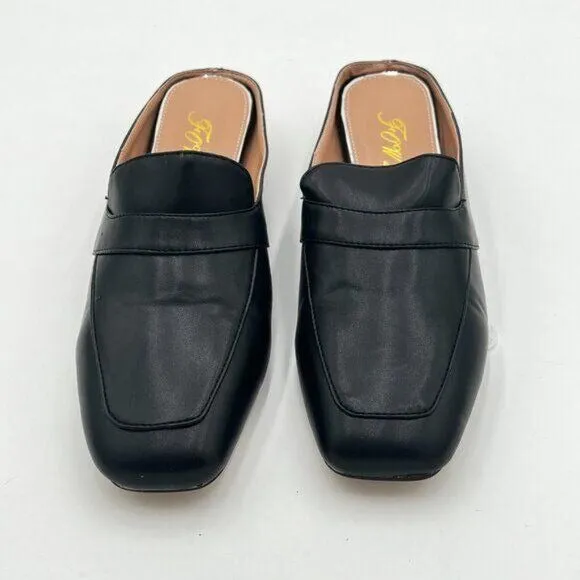 Black Leather Mules Square Toe Loafer Low Chunky Heel Backless Mule Sandals