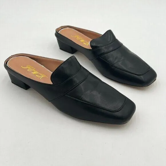 Black Leather Mules Square Toe Loafer Low Chunky Heel Backless Mule Sandals