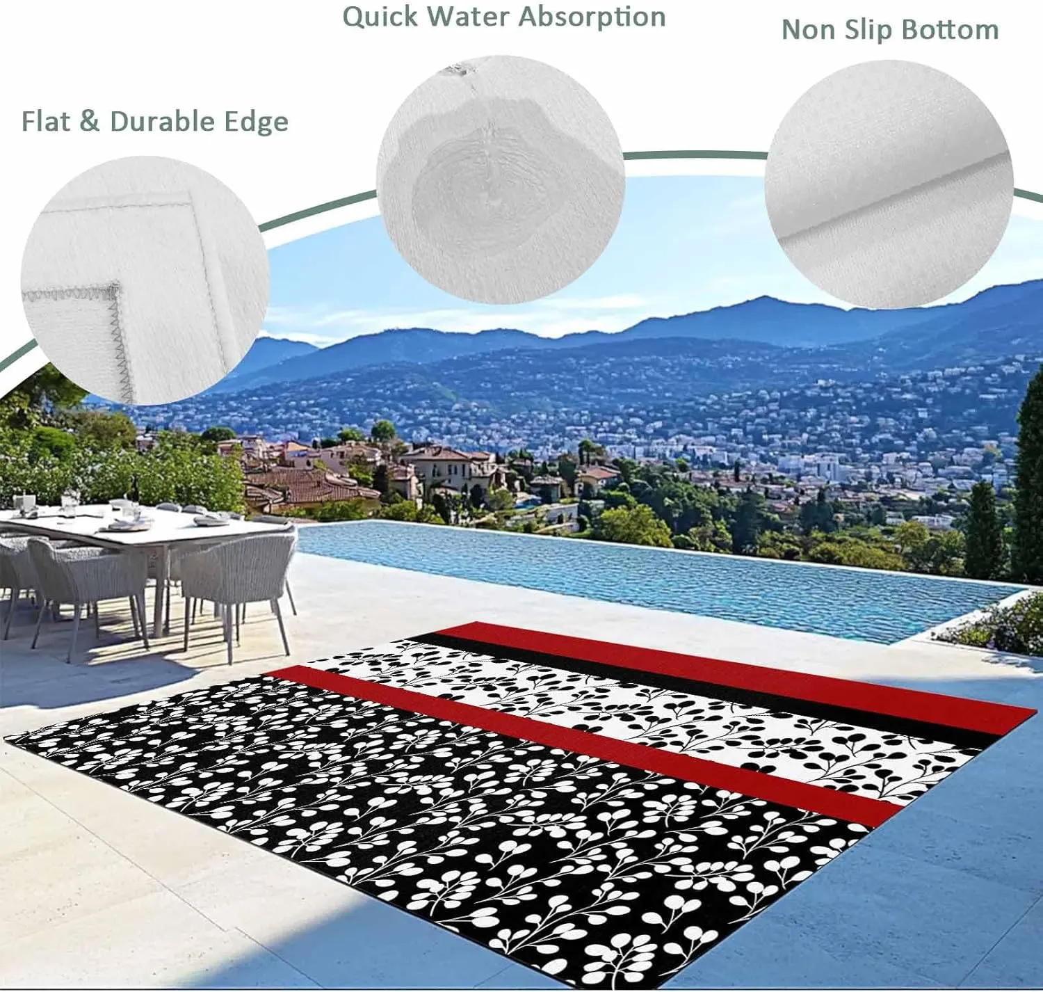 Black Red Outdoor Rug 5x8ft Large Patio Rug,Washable RV Camping Outside Area Runner Rug Mat,Garden Floral Stripe Aesthetic Flower Boho Carpet for Picnic Backyard Deck Porch Balcony Beach & Indoor