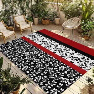 Black Red Outdoor Rug 5x8ft Large Patio Rug,Washable RV Camping Outside Area Runner Rug Mat,Garden Floral Stripe Aesthetic Flower Boho Carpet for Picnic Backyard Deck Porch Balcony Beach & Indoor