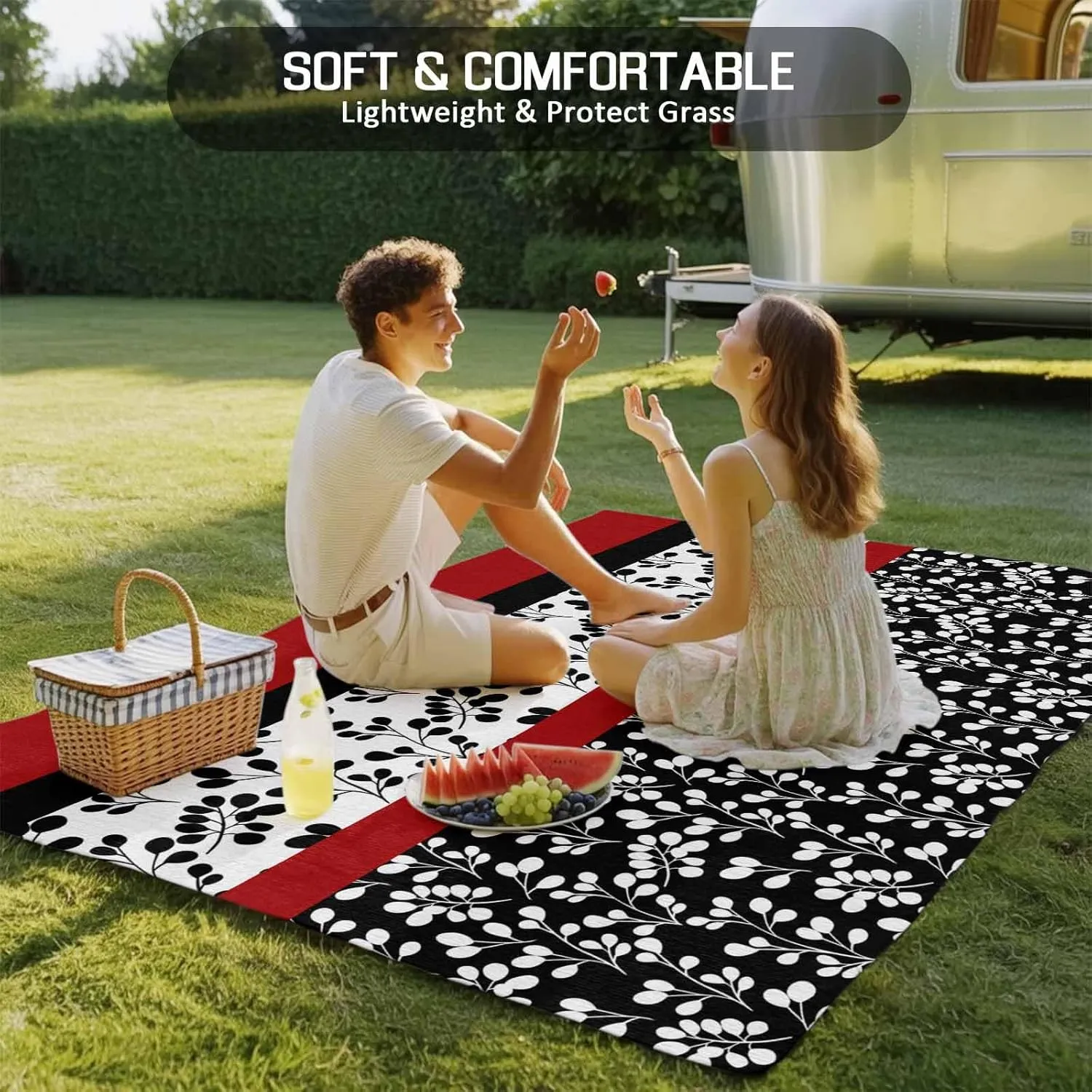 Black Red Outdoor Rug 5x8ft Large Patio Rug,Washable RV Camping Outside Area Runner Rug Mat,Garden Floral Stripe Aesthetic Flower Boho Carpet for Picnic Backyard Deck Porch Balcony Beach & Indoor