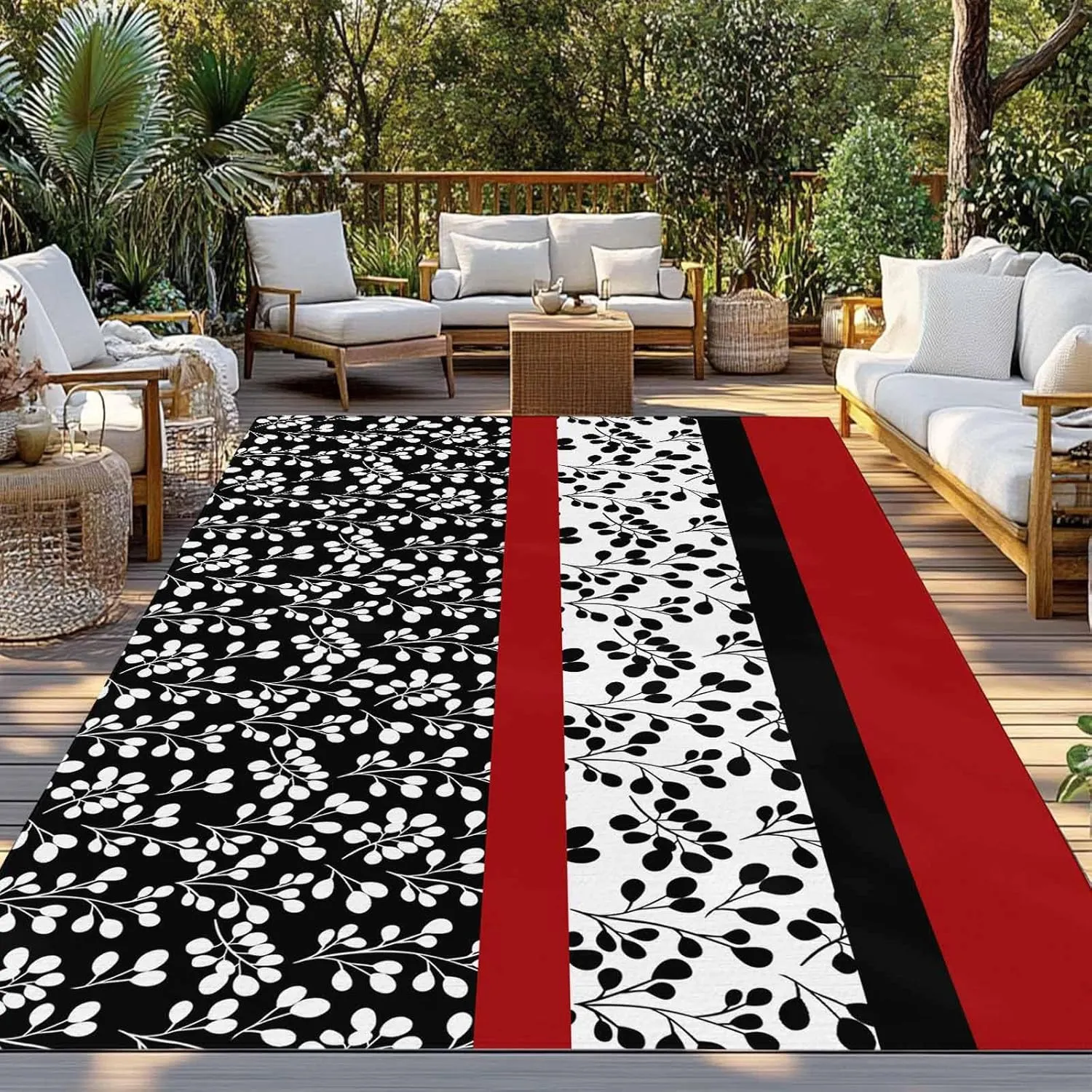Black Red Outdoor Rug 5x8ft Large Patio Rug,Washable RV Camping Outside Area Runner Rug Mat,Garden Floral Stripe Aesthetic Flower Boho Carpet for Picnic Backyard Deck Porch Balcony Beach & Indoor