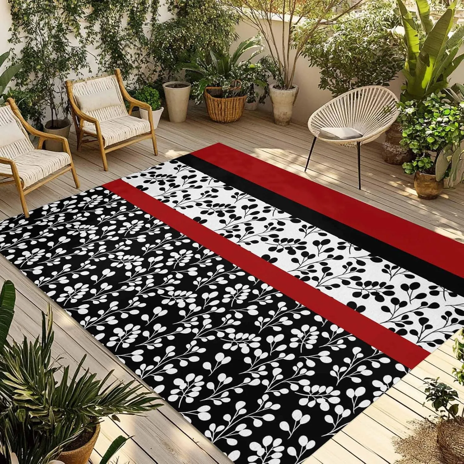 Black Red Outdoor Rug 5x8ft Large Patio Rug,Washable RV Camping Outside Area Runner Rug Mat,Garden Floral Stripe Aesthetic Flower Boho Carpet for Picnic Backyard Deck Porch Balcony Beach & Indoor