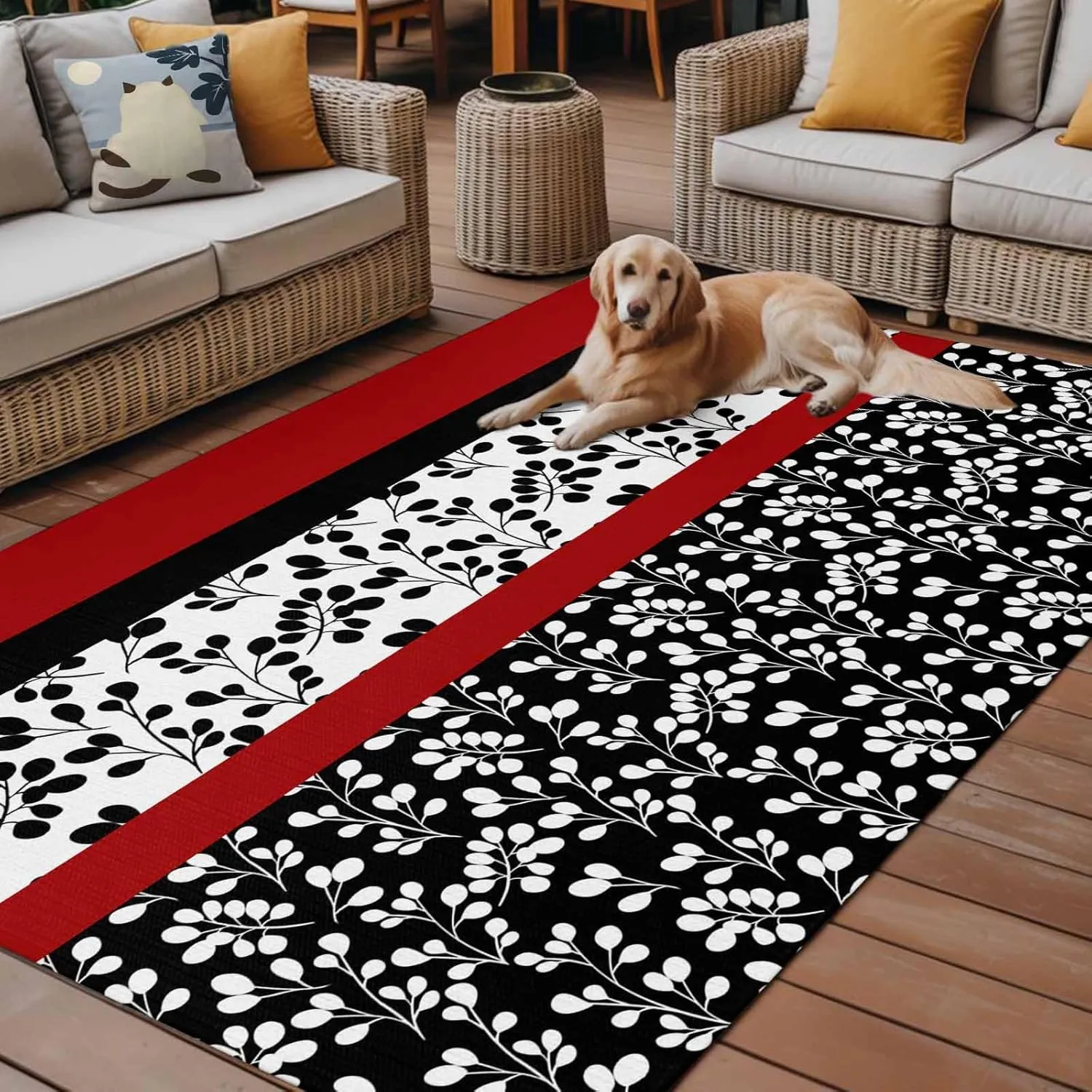Black Red Outdoor Rug 5x8ft Large Patio Rug,Washable RV Camping Outside Area Runner Rug Mat,Garden Floral Stripe Aesthetic Flower Boho Carpet for Picnic Backyard Deck Porch Balcony Beach & Indoor