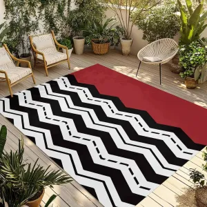 Black White Chevron Outdoor Rug 5x8ft Large Patio Rug,Washable RV Camping Outside Area Runner Rug Mat,Geometric Red Sea Wavy Striped Indoor Outdoor Carpet for Picnic Backyard Deck Porch Balcony Beach