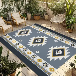 Blue Boho Aztek Outdoor Patio Rug 6x9ft Large, Washable RV Camping Outside Area Runner Rug Mat, Southwest Bohemian National Stripe Indoor Outdoor Carpet for Picnic Backyard Deck Porch Balcony Beach