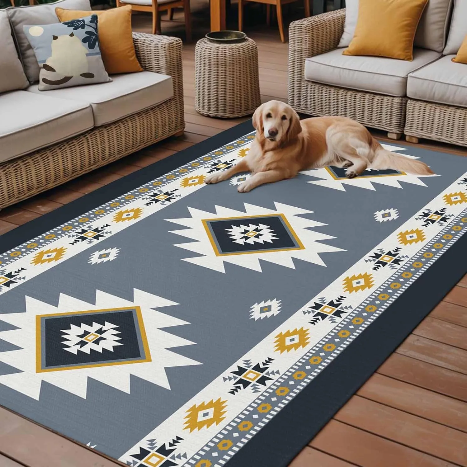 Blue Boho Aztek Outdoor Patio Rug 6x9ft Large, Washable RV Camping Outside Area Runner Rug Mat, Southwest Bohemian National Stripe Indoor Outdoor Carpet for Picnic Backyard Deck Porch Balcony Beach