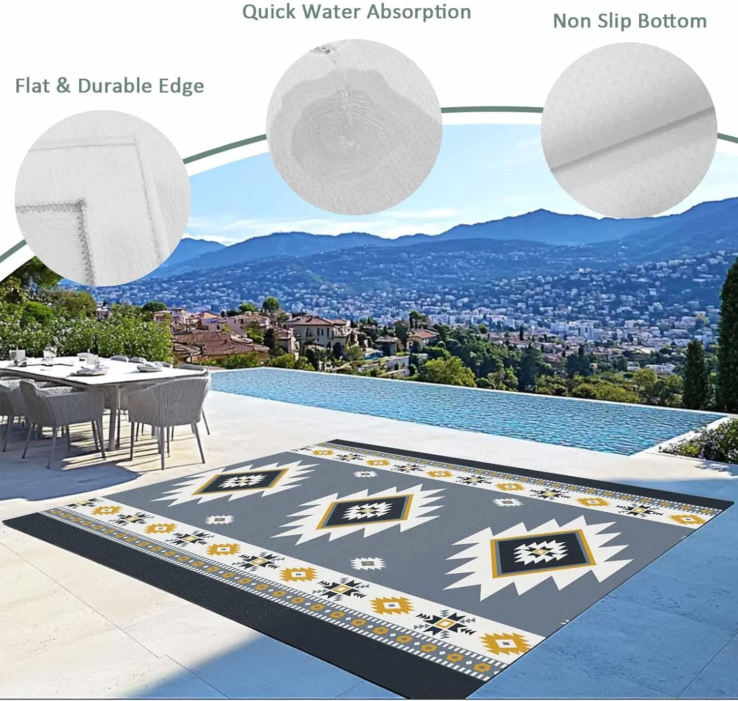 Blue Boho Aztek Outdoor Patio Rug 6x9ft Large, Washable RV Camping Outside Area Runner Rug Mat, Southwest Bohemian National Stripe Indoor Outdoor Carpet for Picnic Backyard Deck Porch Balcony Beach