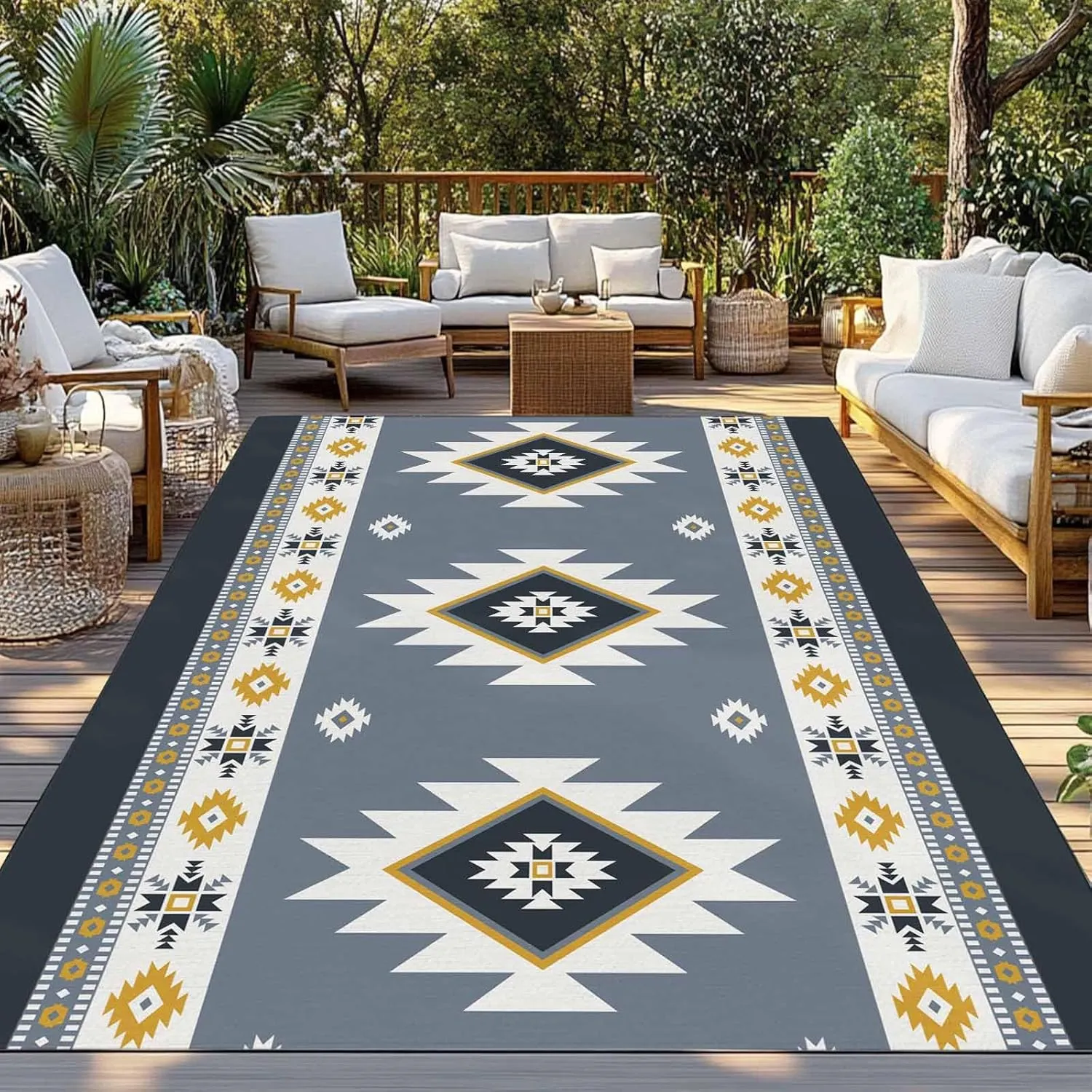 Blue Boho Aztek Outdoor Patio Rug 6x9ft Large, Washable RV Camping Outside Area Runner Rug Mat, Southwest Bohemian National Stripe Indoor Outdoor Carpet for Picnic Backyard Deck Porch Balcony Beach
