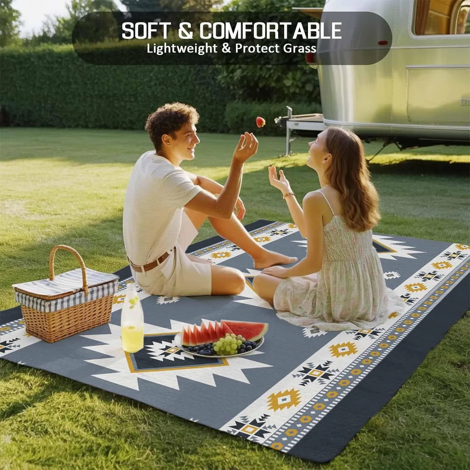 Blue Boho Aztek Outdoor Patio Rug 6x9ft Large, Washable RV Camping Outside Area Runner Rug Mat, Southwest Bohemian National Stripe Indoor Outdoor Carpet for Picnic Backyard Deck Porch Balcony Beach
